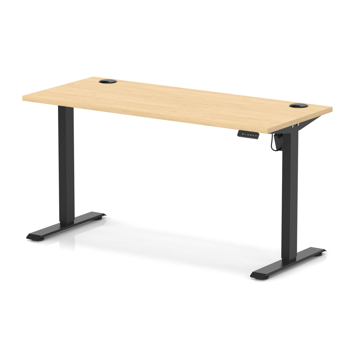 An adjustable height standing desk with a light oak wood grain top and black metal legs, shown on a clean white background.