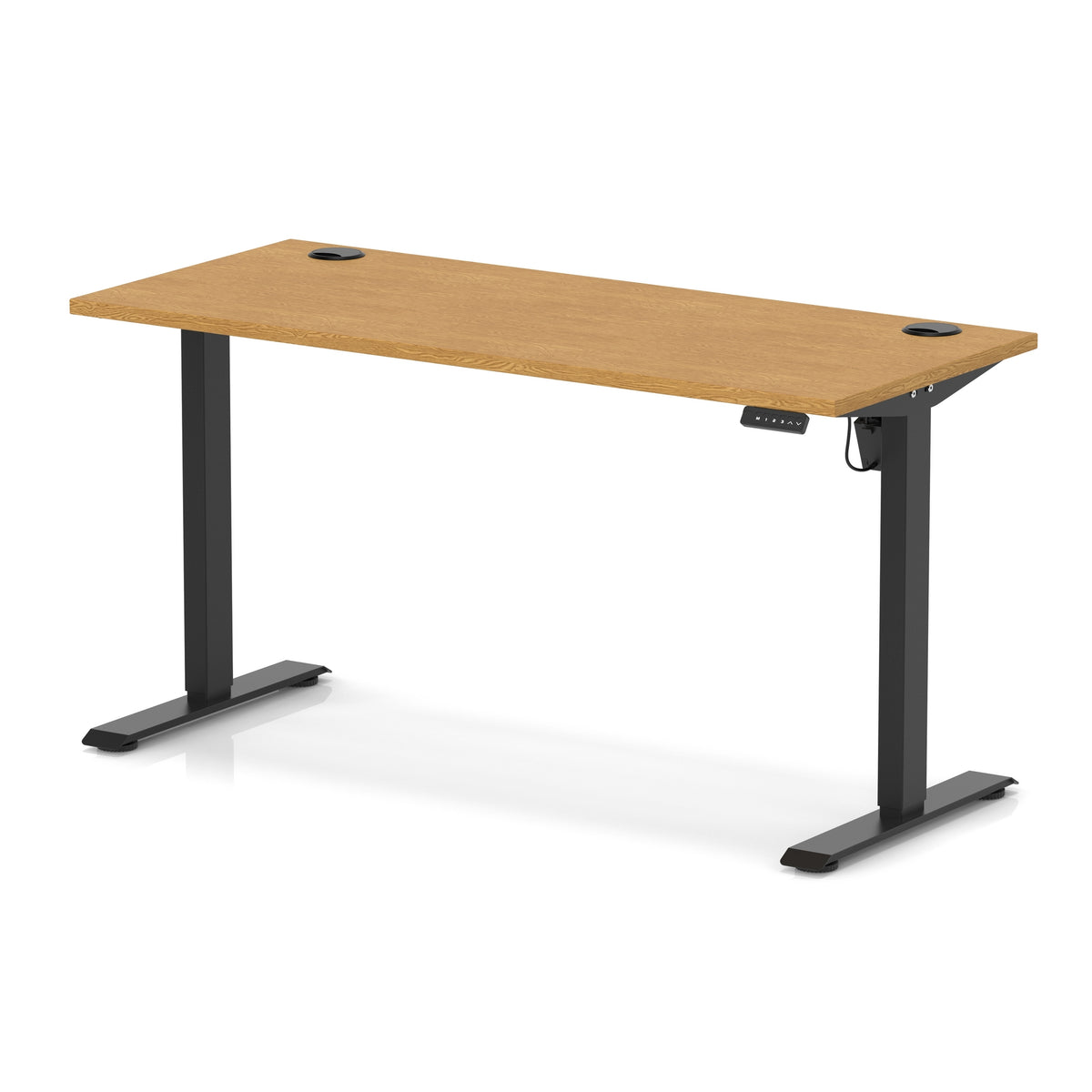 An adjustable height standing desk with a light brown wood grain top and black metal legs, shown on a white background with a soft reflection.