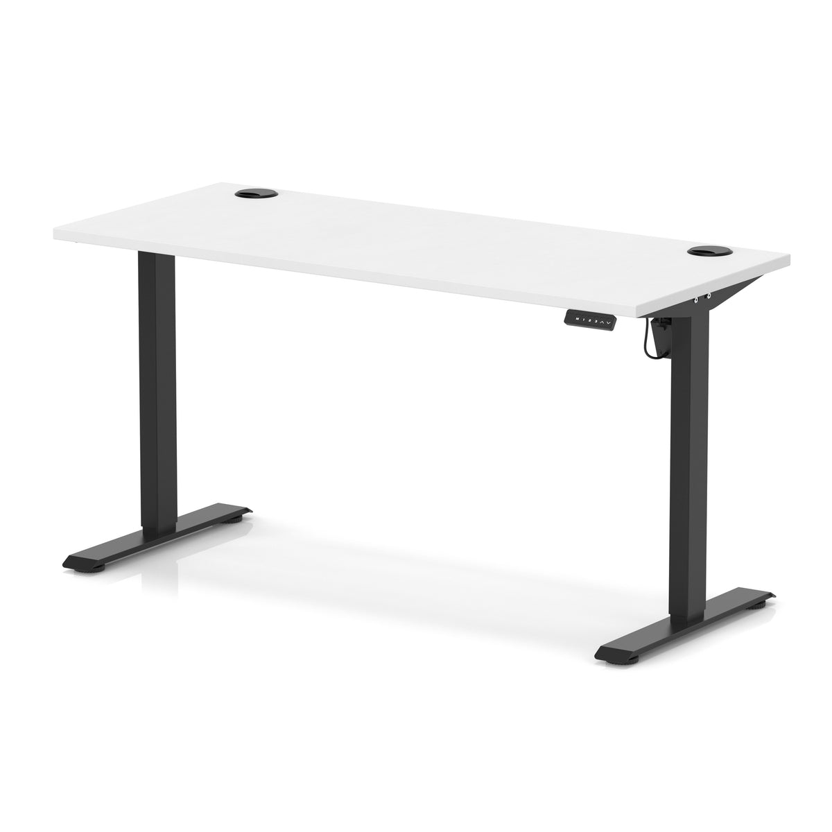 An adjustable height standing desk with a white rectangular desktop and black metal legs, shown on a clean white background.