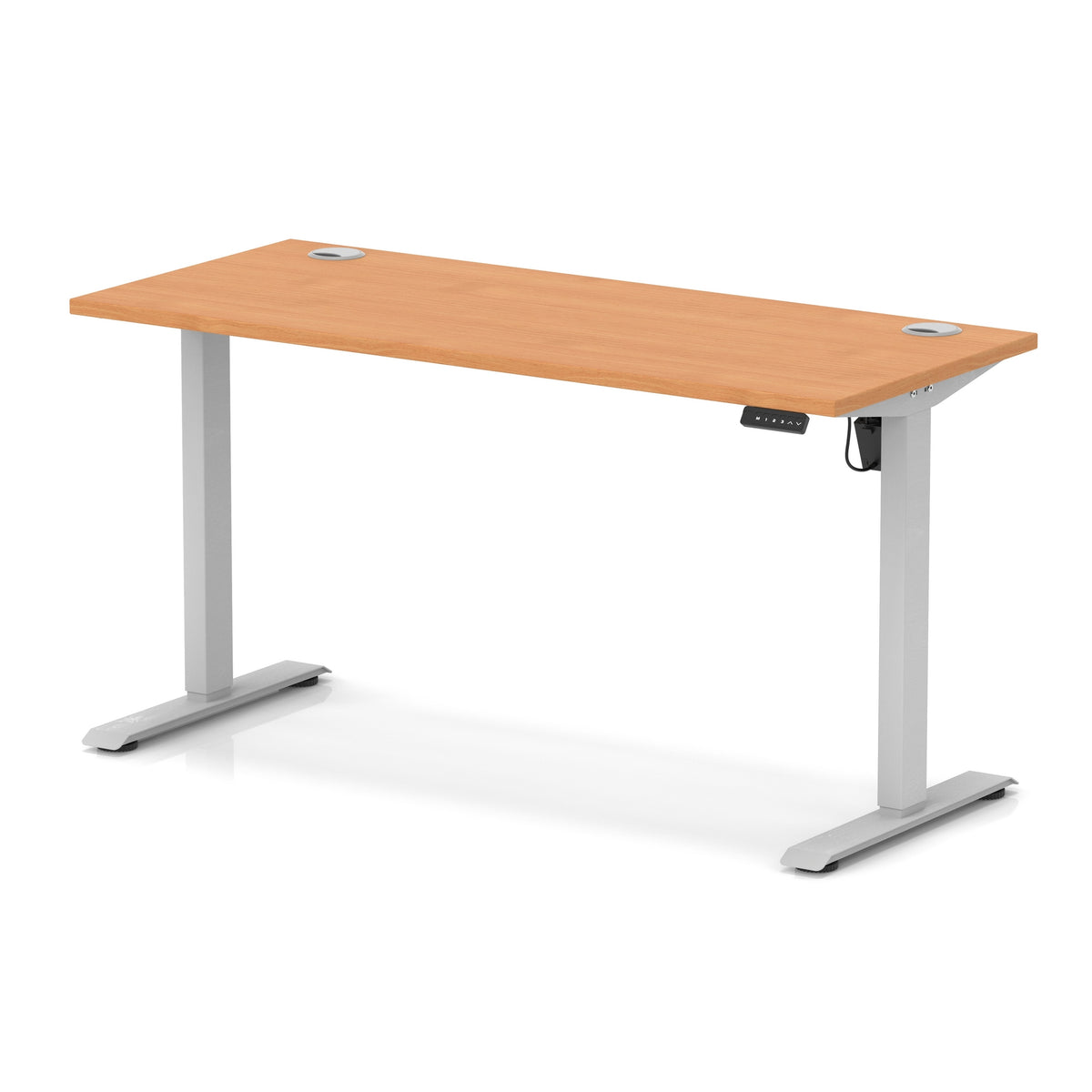 An adjustable height standing desk with a light brown wood-grain desktop and silver metal legs, shown on a white background with a soft reflection.
