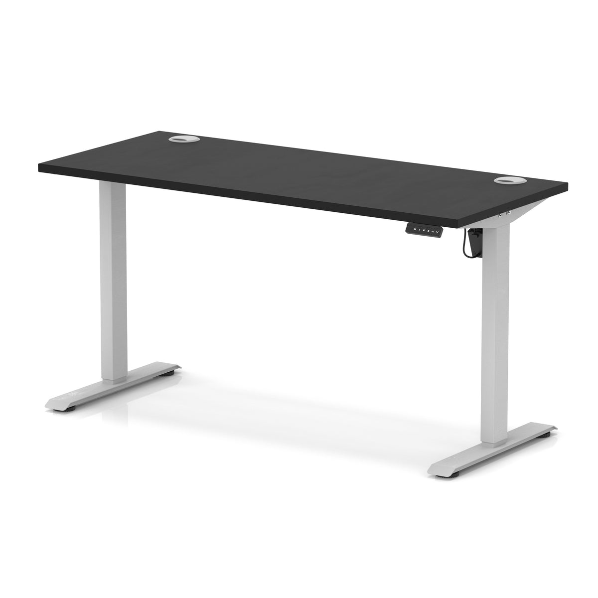 A modern standing desk with a black rectangular desktop and silver metal legs, shown on a clean white background.