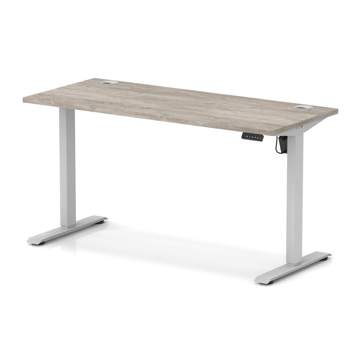 A modern height-adjustable standing desk with a light grey wood-grain desktop and silver metal legs, shown on a clean white background.