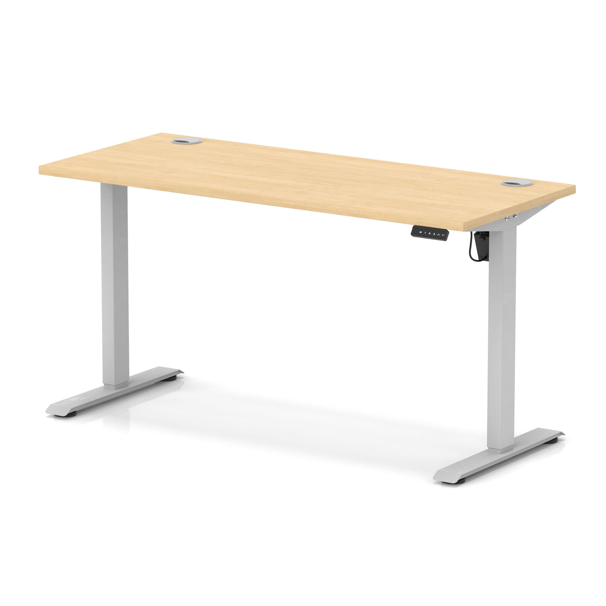 An adjustable height standing desk with a light oak wood grain top and silver metal legs, shown on a clean white background.