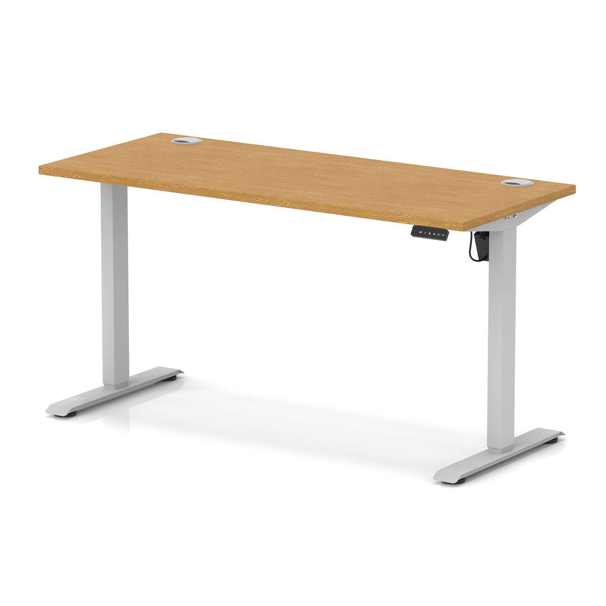 An adjustable height standing desk with a light brown wood grain top and silver metal legs, shown on a white background with a soft reflection.