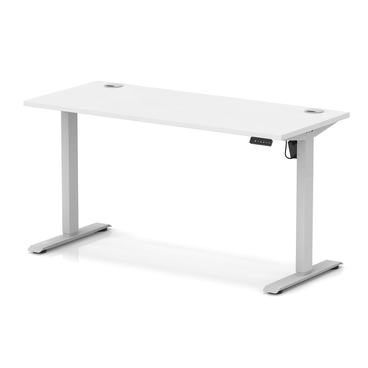 An adjustable height standing desk with a white rectangular desktop and silver metal legs, shown on a clean white background.