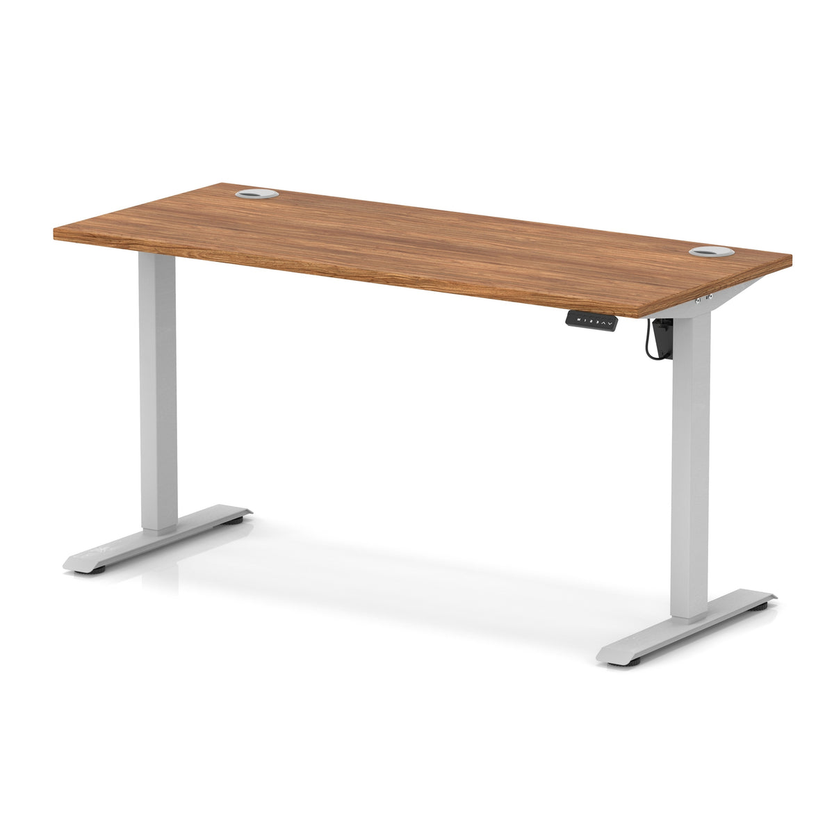A modern height-adjustable standing desk with a brown wood-grain desktop and silver metal legs, shown on a clean white background.
