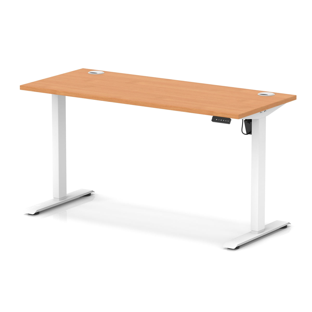An adjustable height standing desk with a light brown wood-grain desktop and white metal legs, shown on a white background with a soft reflection.