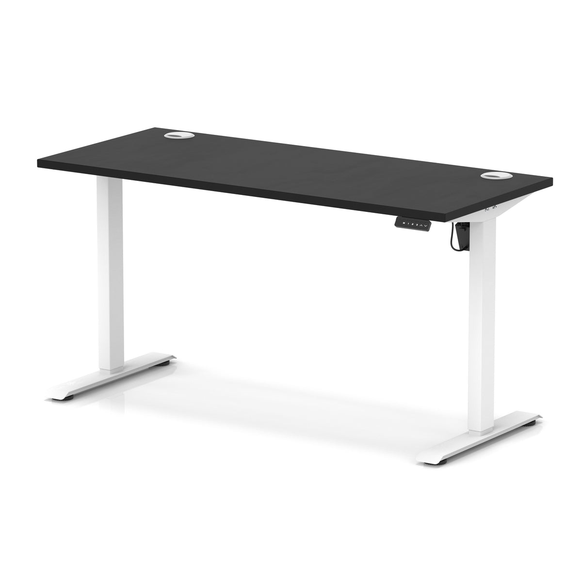 A modern standing desk with a black rectangular desktop and white metal legs, shown on a clean white background.