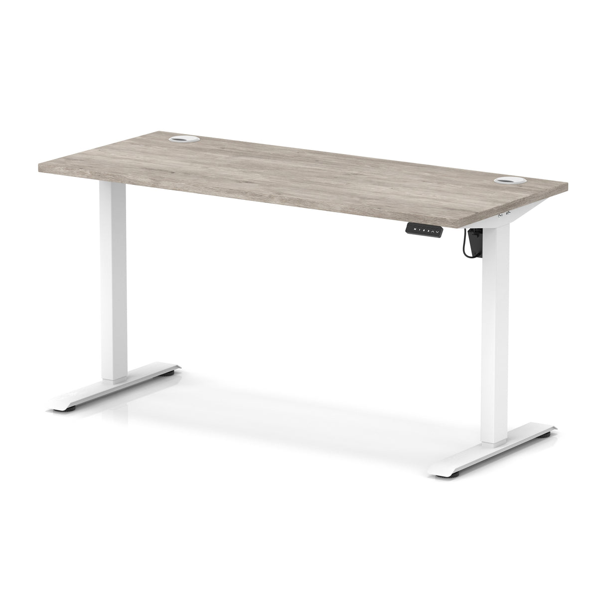 A modern height-adjustable standing desk with a light grey wood-grain desktop and white metal legs, shown on a clean white background.