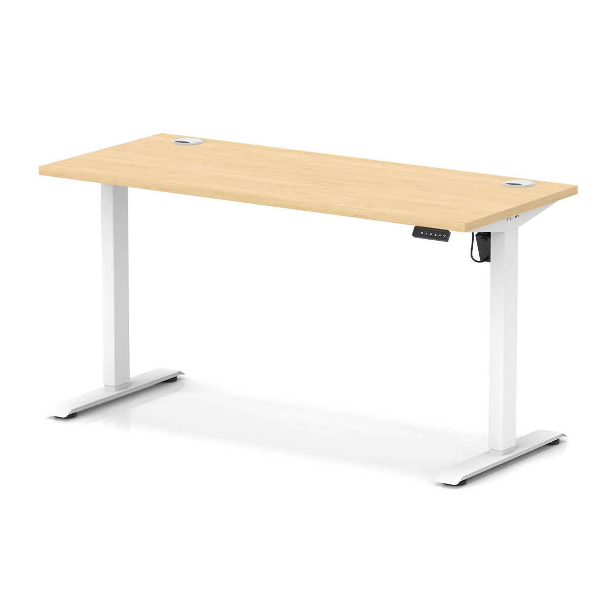 An adjustable height standing desk with a light oak wood grain top and white metal legs, shown on a clean white background.