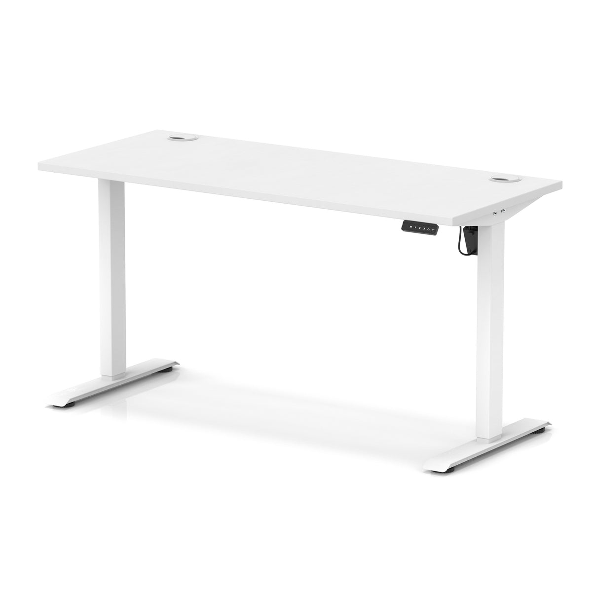 A white adjustable height standing desk with a rectangular top and two metal legs, shown on a clean white background.