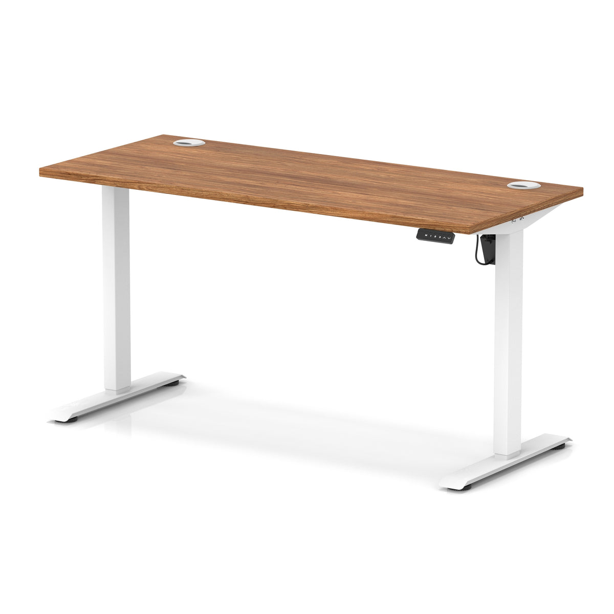 A modern height-adjustable standing desk with a brown wood-grain desktop and white metal legs, shown on a clean white background.