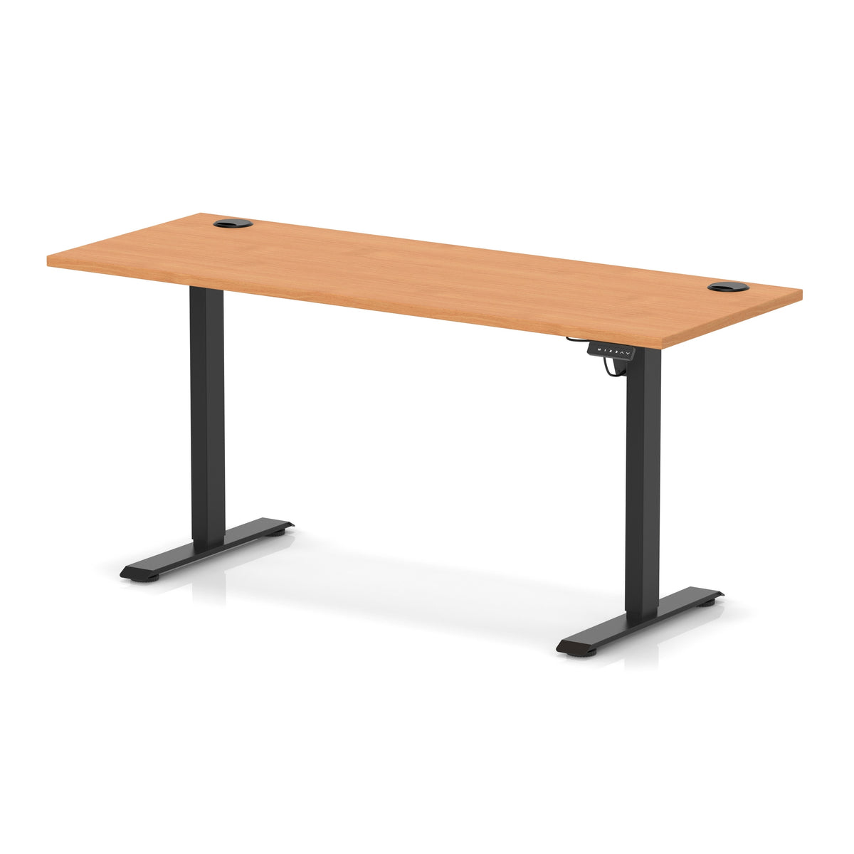 An adjustable standing desk with a light brown wood-grain desktop and black metal legs, shown on a clean white background with a subtle reflection.