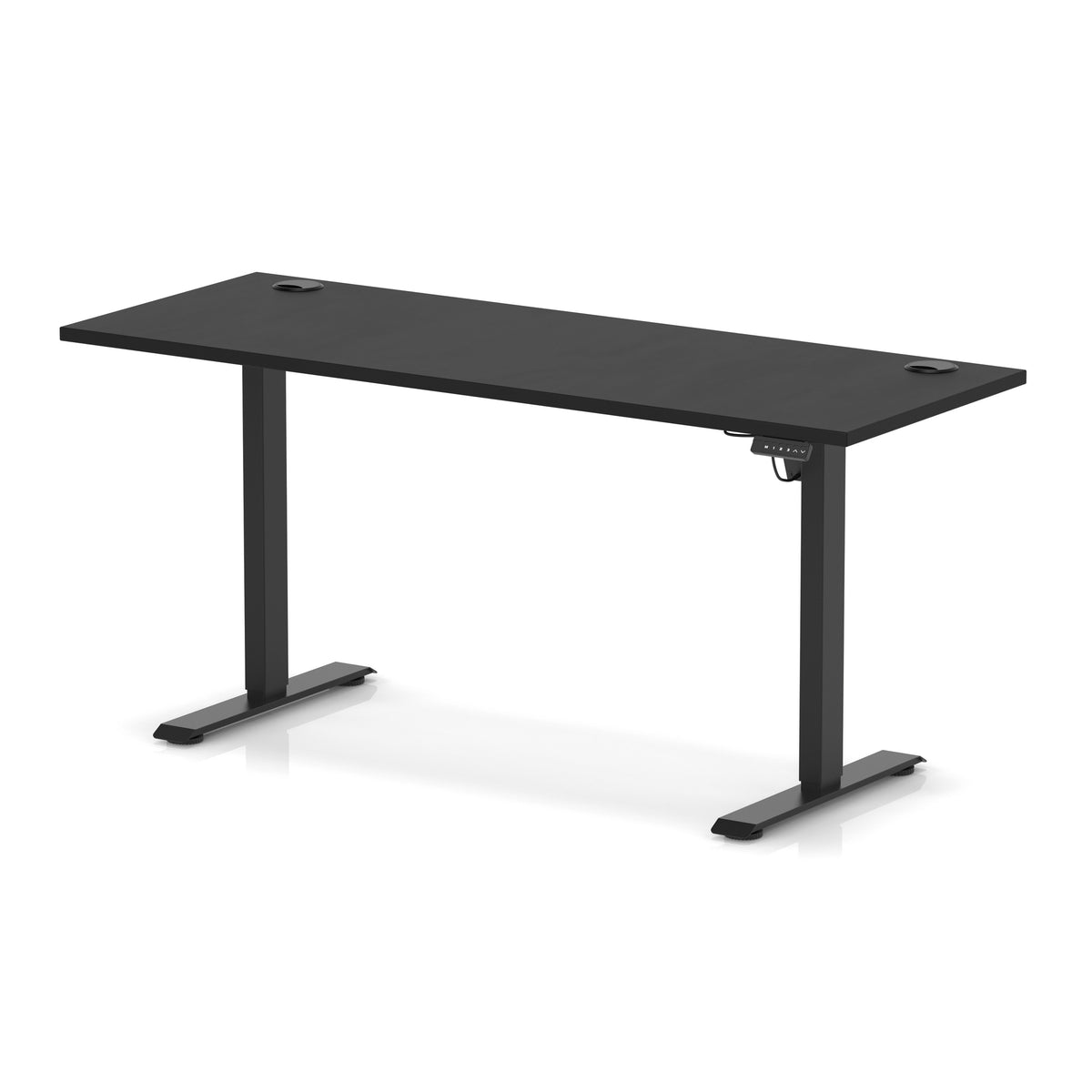 A modern black adjustable height standing desk with a rectangular top and two T-style metal legs, shown on a clean white background with a subtle reflection.