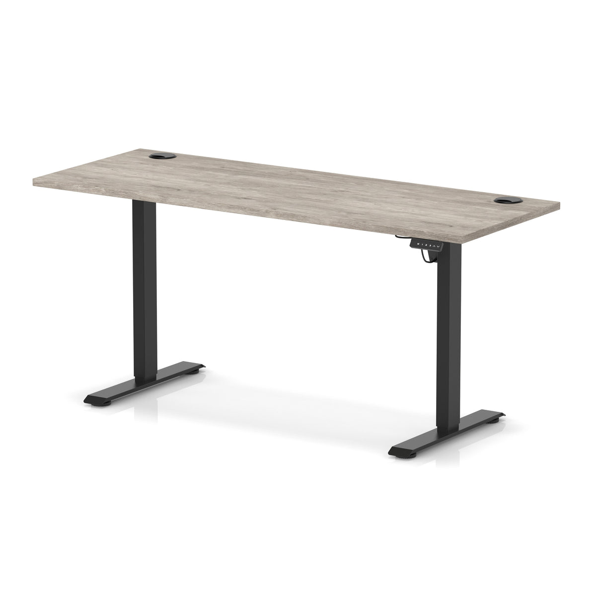 A modern height-adjustable standing desk with a light grey wood-grain desktop and black metal legs, shown on a clean white background.