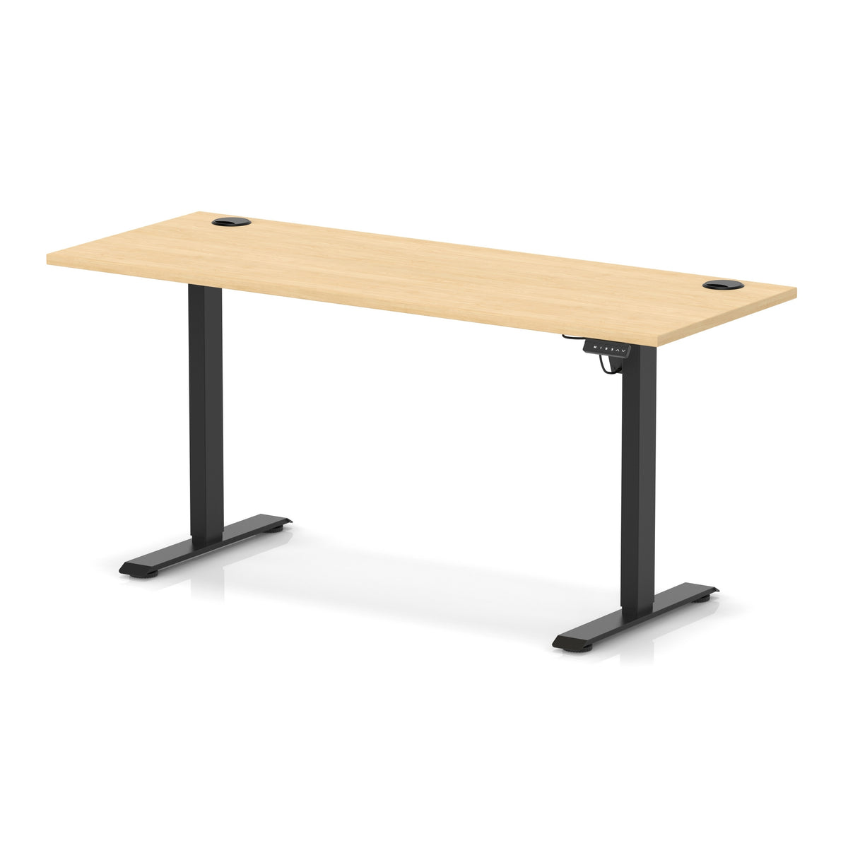 An adjustable height standing desk with a light wood grain top and black metal legs, shown on a clean white background.