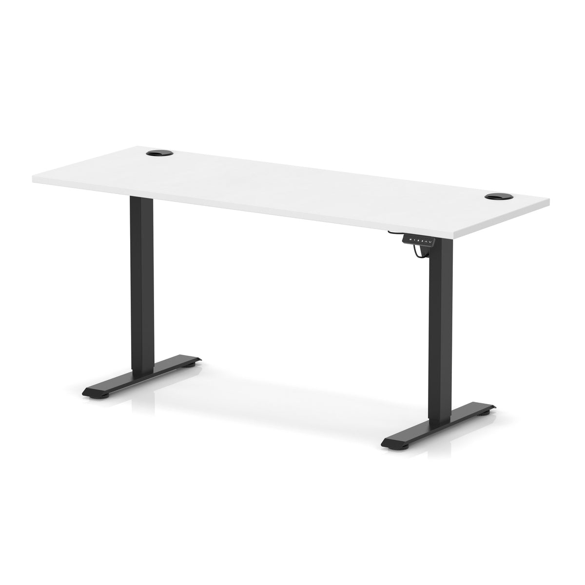 A modern height-adjustable standing desk with a white rectangular desktop and black metal legs, shown on a clean white background.