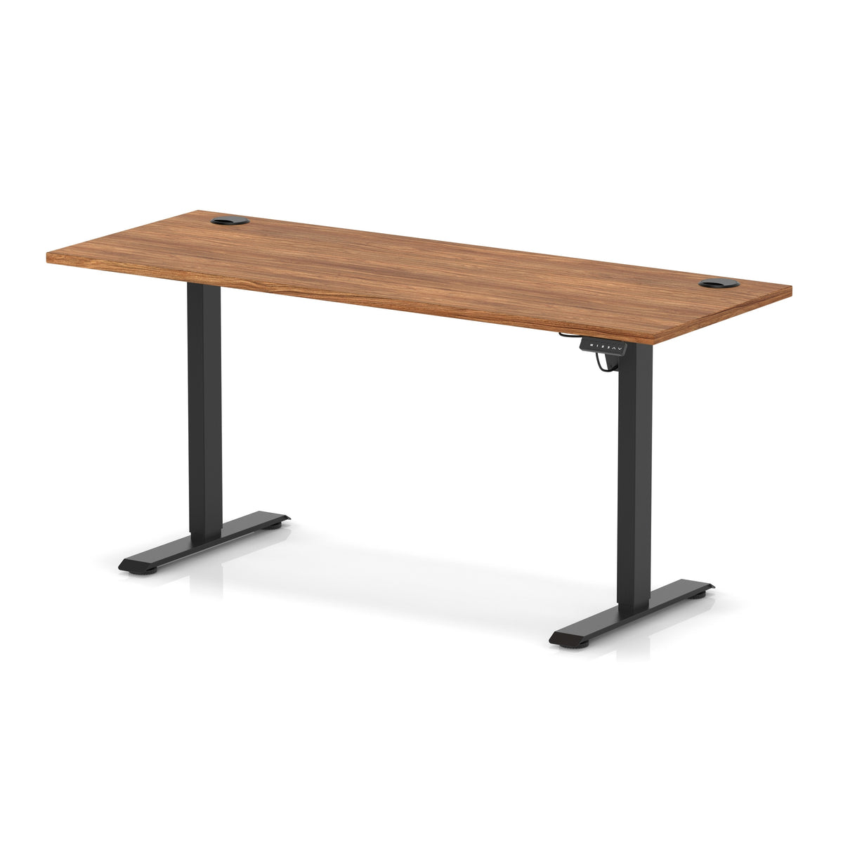 An adjustable height standing desk with a medium brown wood-grain desktop and black metal legs, shown on a white background with a soft reflection.