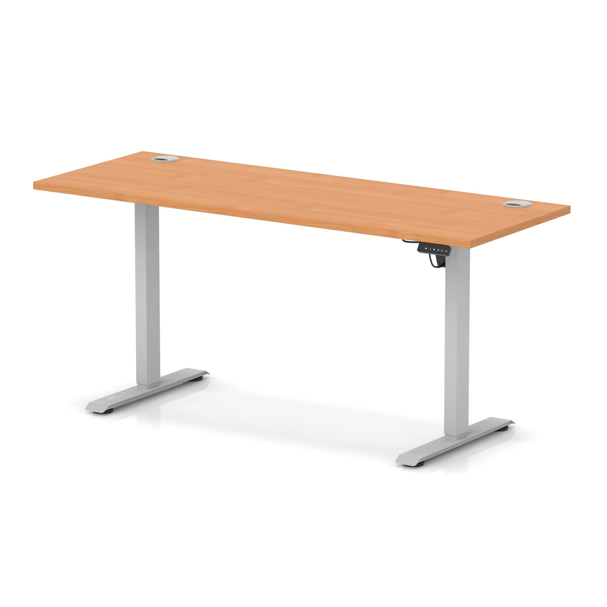 An adjustable standing desk with a light brown wood-grain desktop and silver metal legs, shown on a clean white background with a subtle reflection.