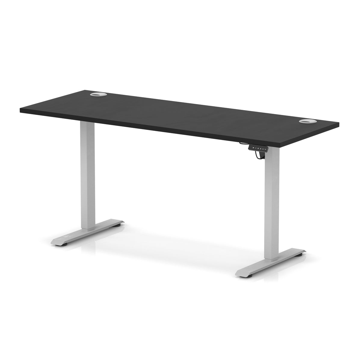 A modern height-adjustable standing desk with a black rectangular desktop and silver metal legs, shown on a clean white background.