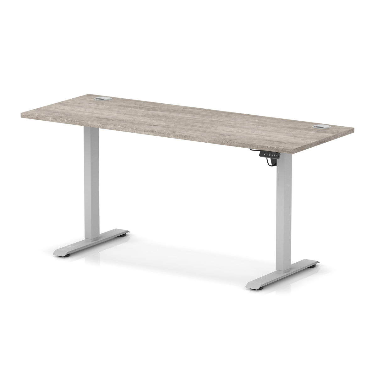 A modern height-adjustable standing desk with a light grey wood-grain desktop and silver metal legs, shown on a clean white background.
