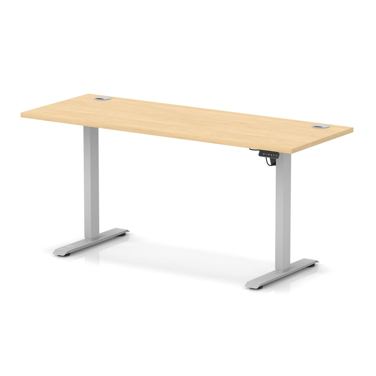 An adjustable height standing desk with a light wood grain top and silver metal legs, shown on a clean white background.