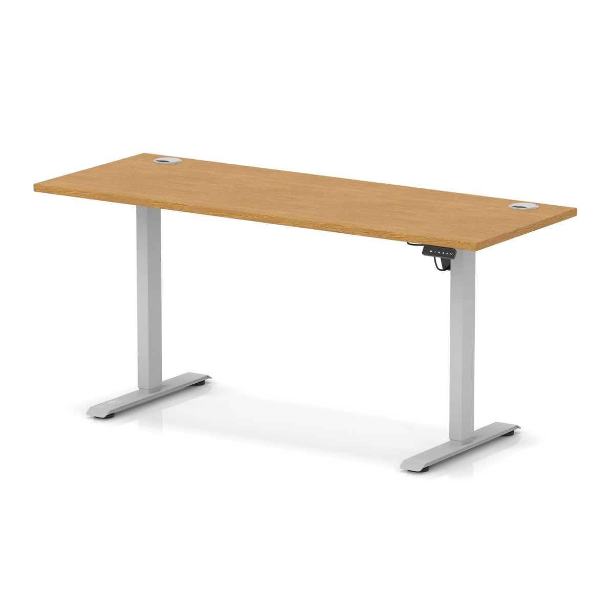 An adjustable standing desk with a light oak wood grain top and silver metal legs, shown on a clean white background with a subtle reflection.