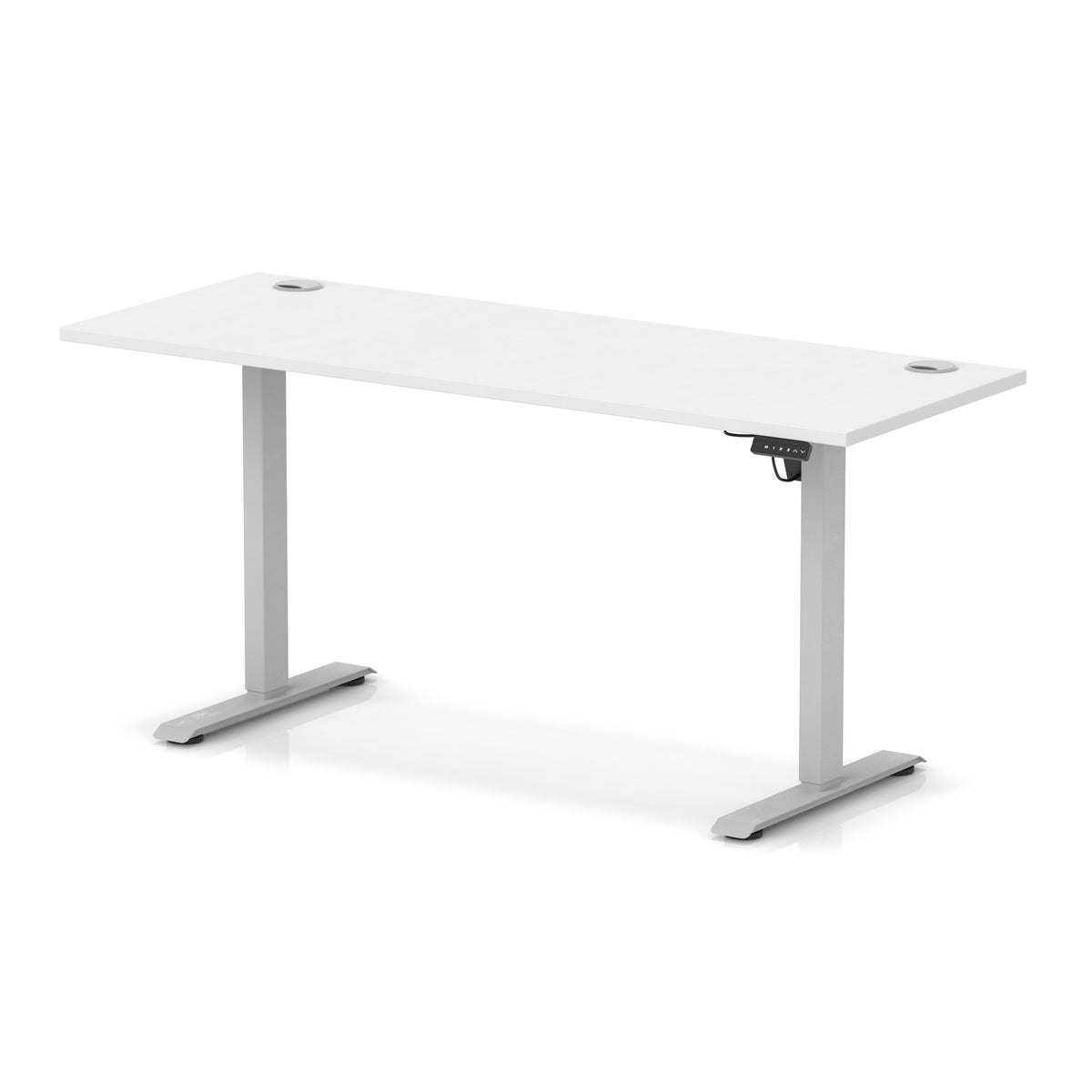 A modern height-adjustable standing desk with a white rectangular desktop and silver metal legs, shown on a clean white background.