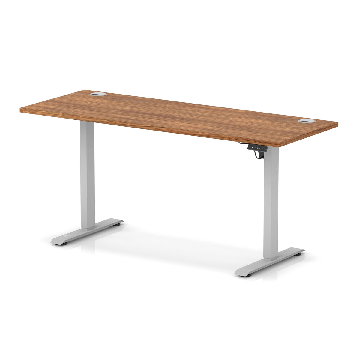 An adjustable height standing desk with a medium brown wood-grain desktop and silver metal legs, shown on a white background with a soft reflection.