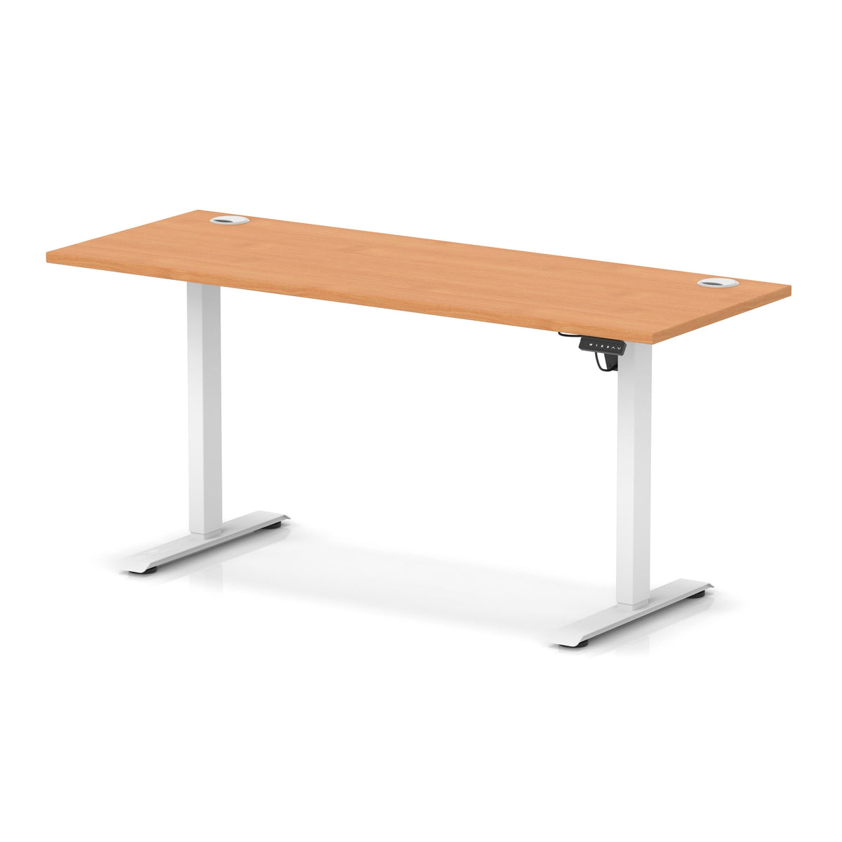 An adjustable standing desk with a light brown wood-grain desktop and white metal legs, shown on a clean white background with a subtle reflection.