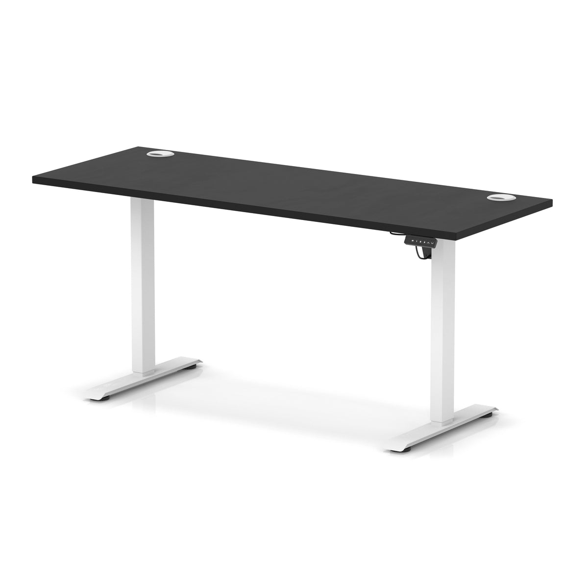A modern height-adjustable standing desk with a black rectangular desktop and white metal legs, shown on a clean white background.