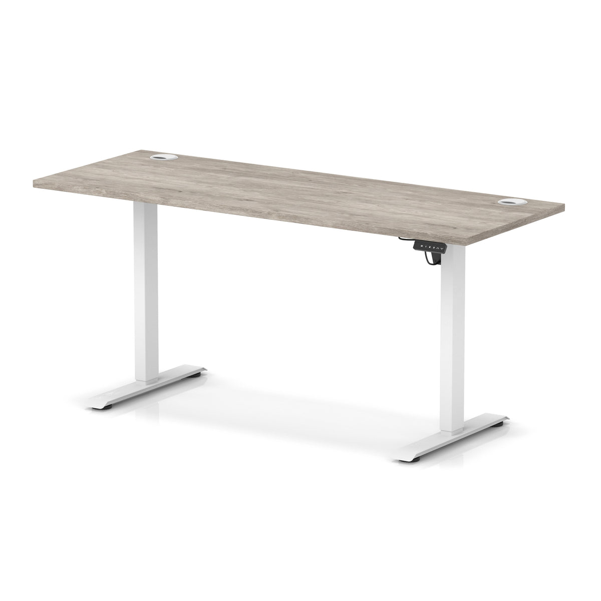 A modern height-adjustable standing desk with a light grey wood-grain desktop and white metal legs, shown on a clean white background.