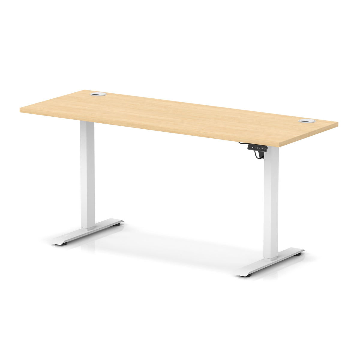 An adjustable height standing desk with a light wood grain top and white metal legs, shown on a clean white background.
