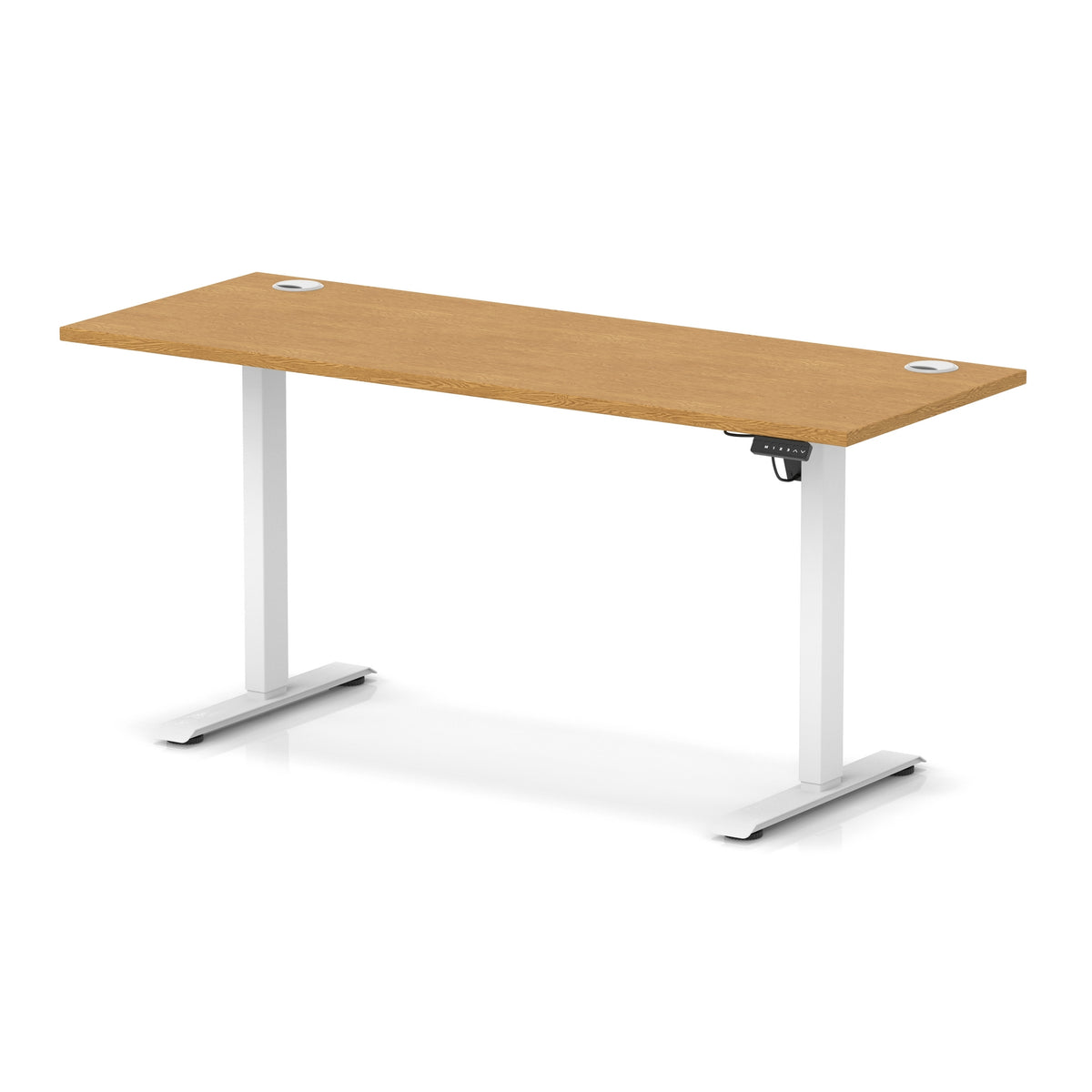 An adjustable standing desk with a light oak wood grain top and white metal legs, shown on a clean white background with a subtle reflection.