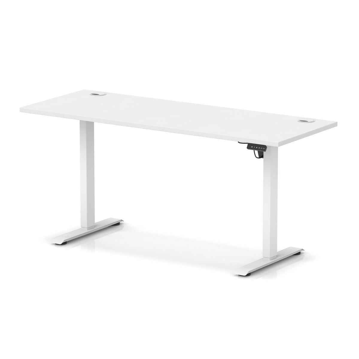 A modern white adjustable height standing desk with a flat rectangular top and two slim metal legs, shown on a clean white background.