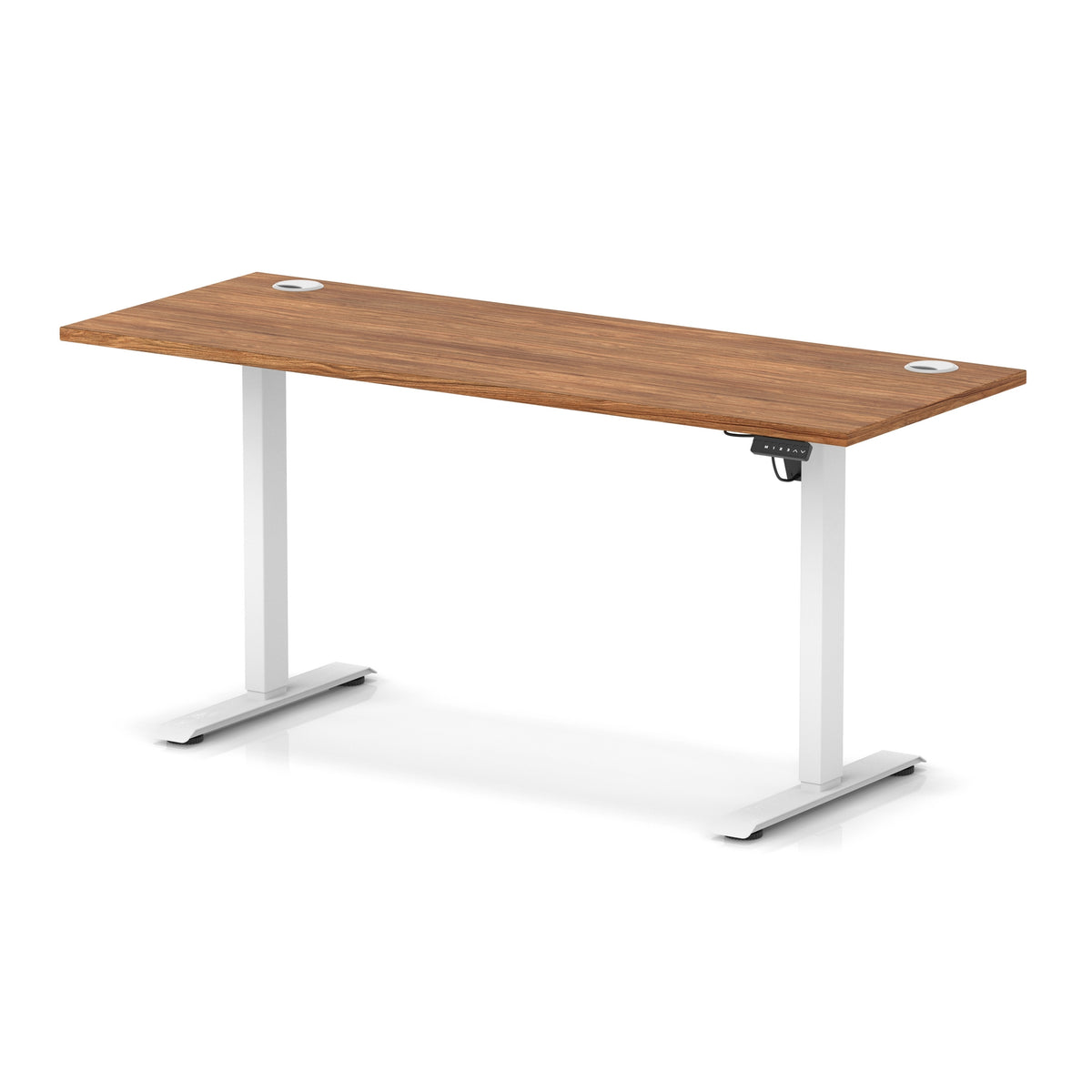 An adjustable height standing desk with a medium brown wood-grain desktop and white metal legs, shown on a white background with a soft reflection.
