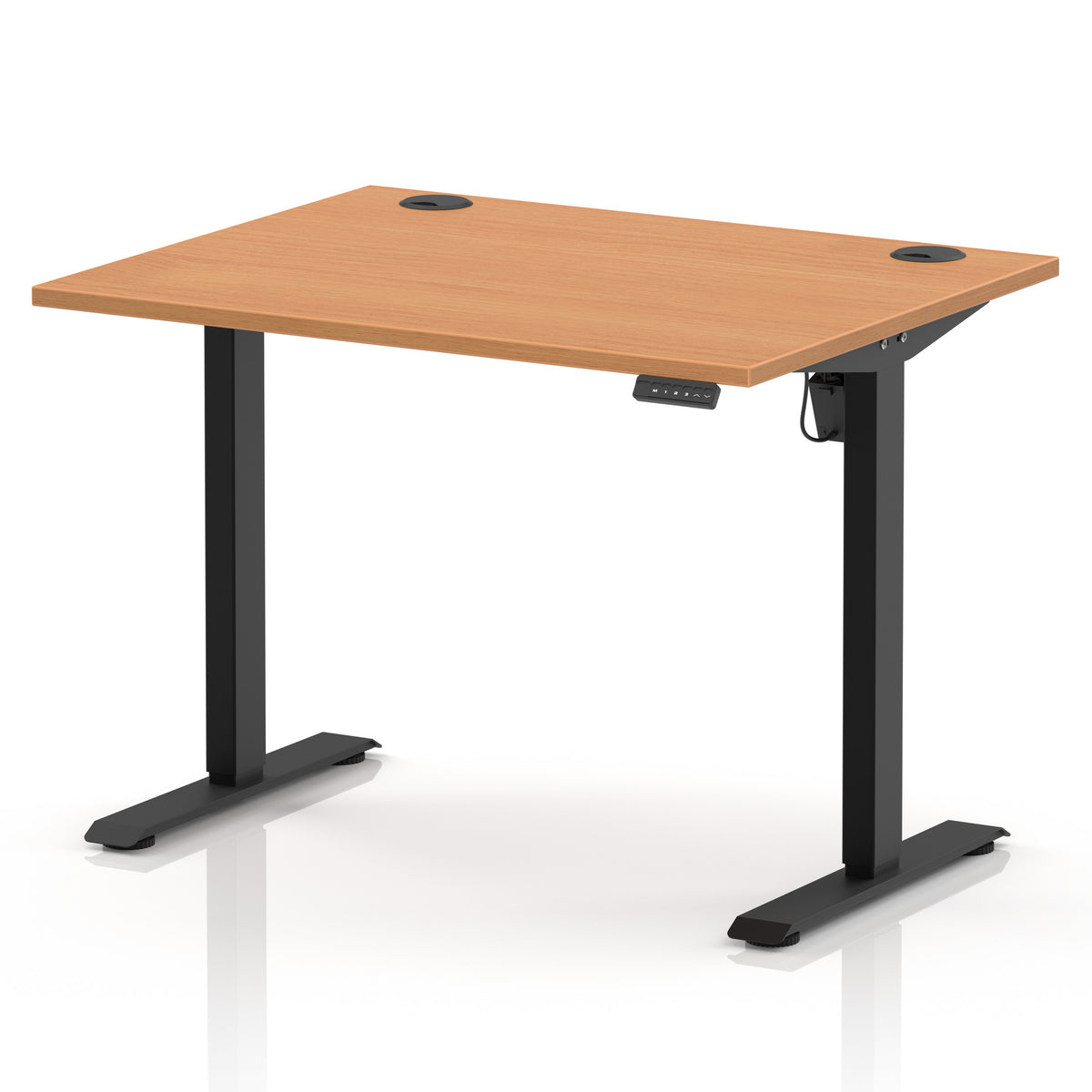An adjustable standing desk with a light brown wood-grain desktop and black metal legs, shown on a white background with a subtle reflection.