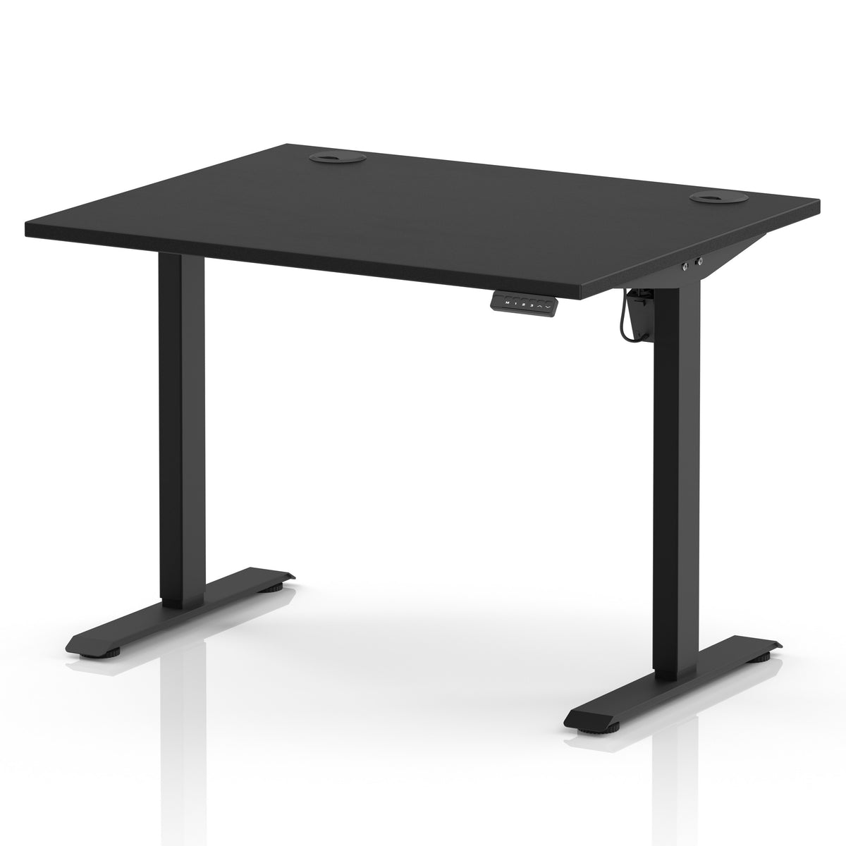 A modern black height-adjustable standing desk with a rectangular top, T-style metal legs, and a small control panel under the right side, shown on a clean white background.