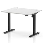 An adjustable height standing desk with a white tabletop and black metal legs, shown on a clean white background.