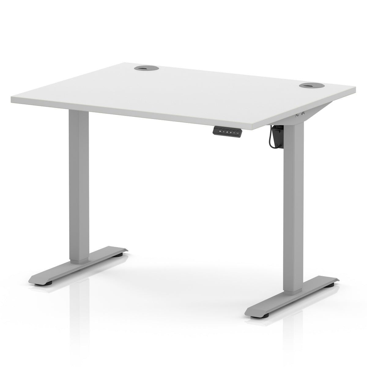 An adjustable height standing desk with a white tabletop and silver metal legs, shown on a clean white background.