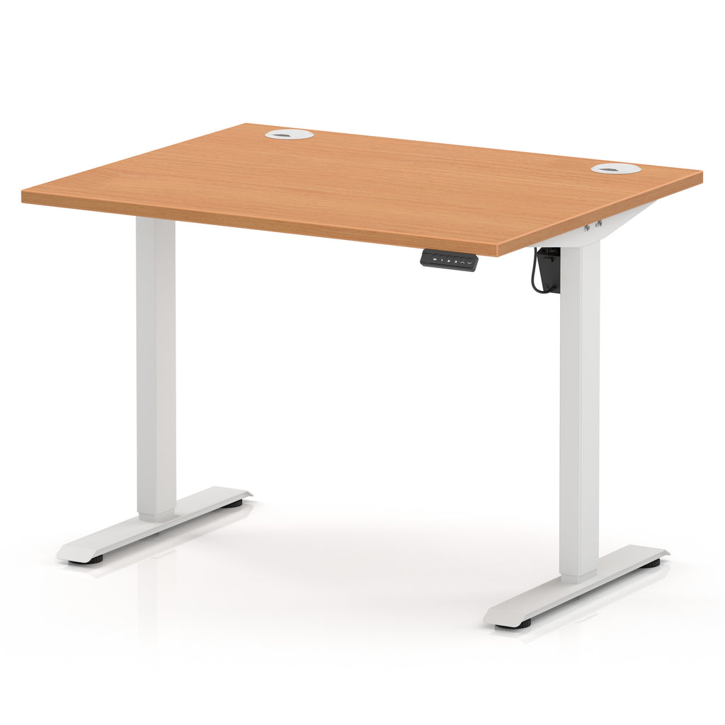 An adjustable height standing desk with a light brown wood grain top and white metal legs, shown on a clean white background.