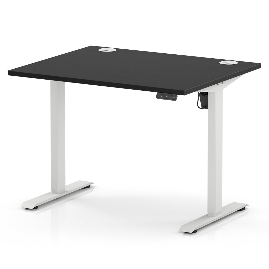 An adjustable height standing desk with a black rectangular desktop and white metal legs, shown on a clean white background.