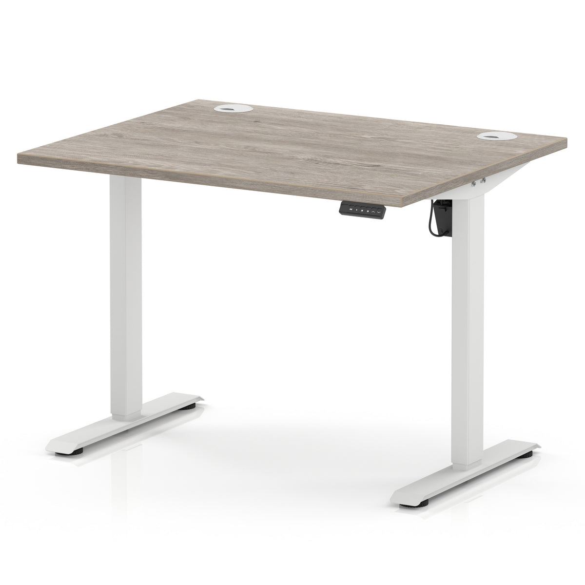 An adjustable height standing desk with a light grey wood-grain desktop and white metal legs, shown on a clean white background.