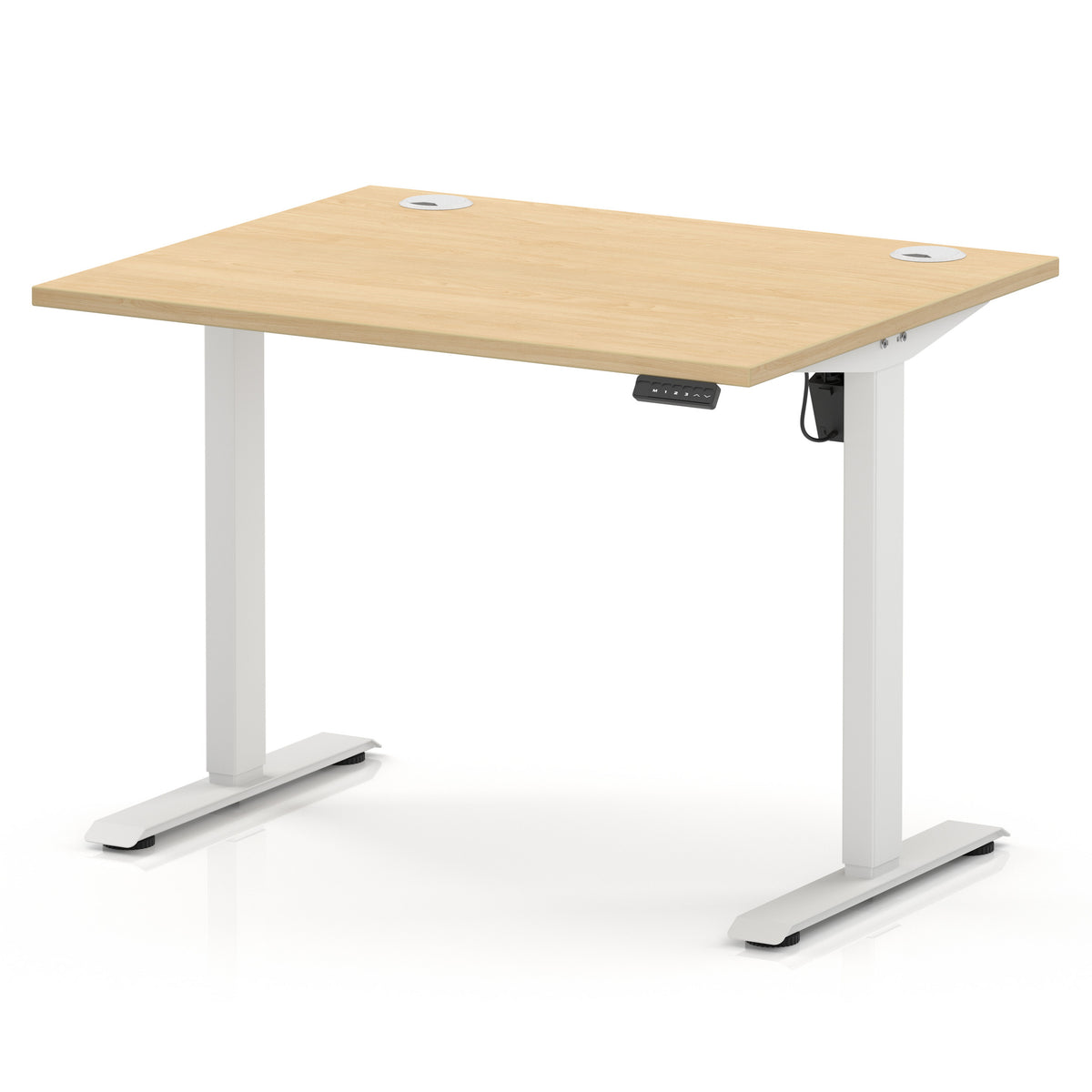 An adjustable standing desk with a light natural wood grain top and white metal legs, shown on a clean white background.