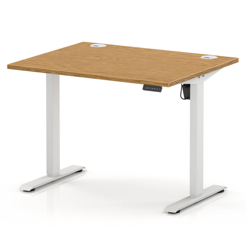 An adjustable height standing desk with a light brown wood grain tabletop and white metal legs, shown on a clean white background.