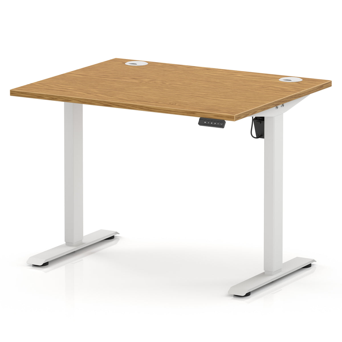 An adjustable height standing desk with a light brown wood grain tabletop and white metal legs, shown on a clean white background.