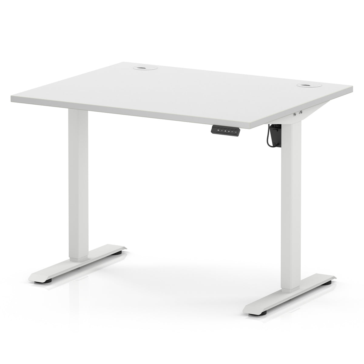A white adjustable height standing desk with a rectangular top, two metal legs with footrests, and a small control panel on the right side, shown on a clean white background.