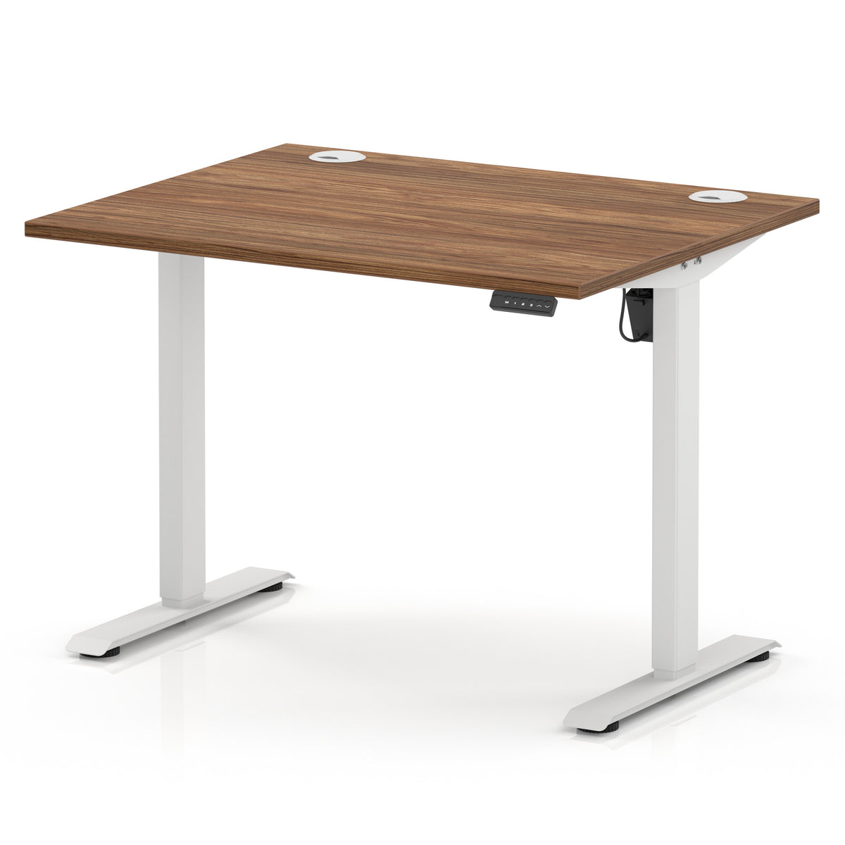 An adjustable standing desk with a brown wood-grain desktop and white metal legs, shown on a clean white background.