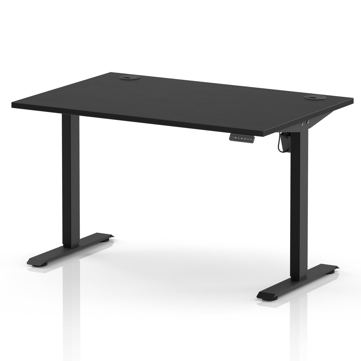 A black height-adjustable standing desk with a rectangular top, T-style metal legs, and a small control panel on the right side, shown on a clean white background.