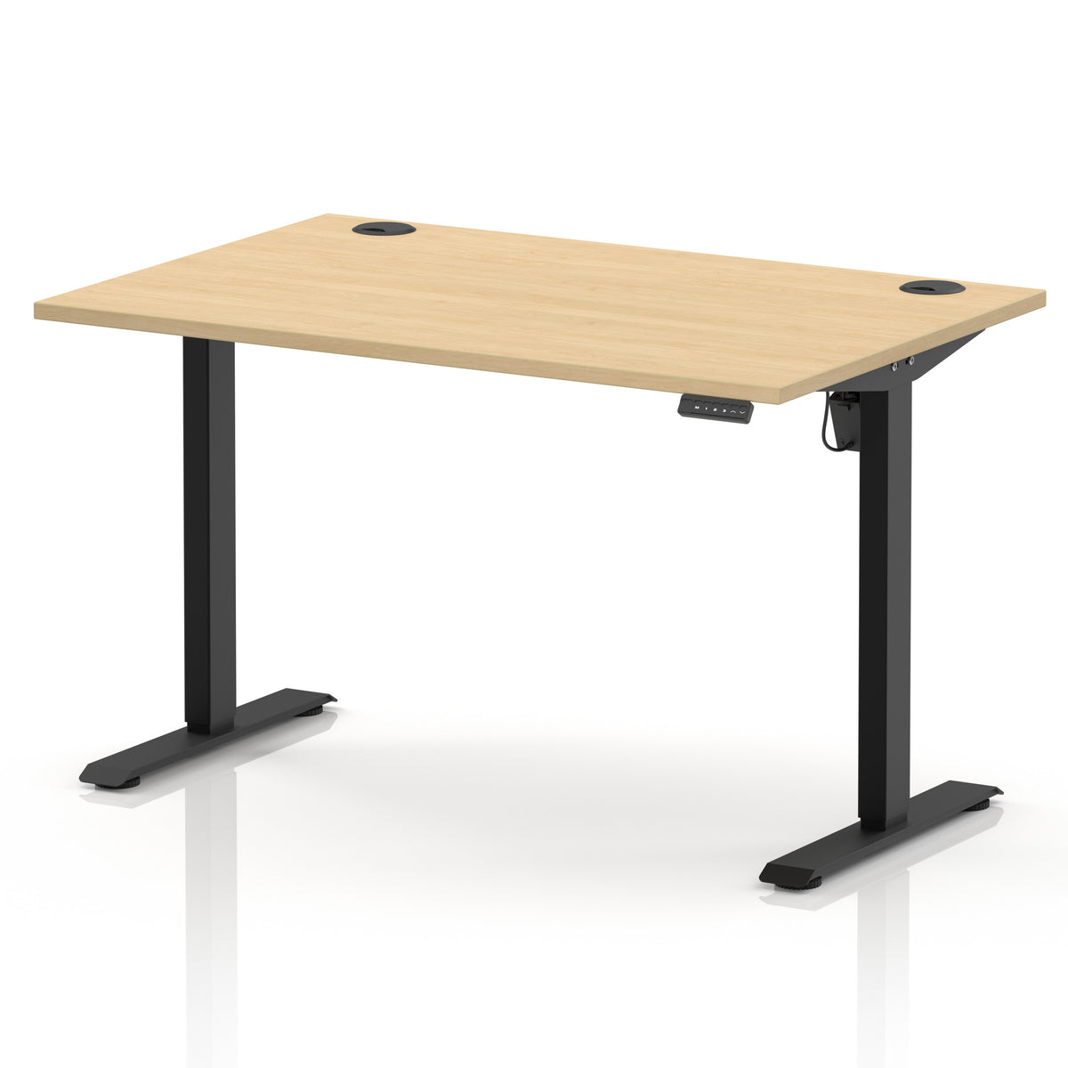 An adjustable standing desk with a light oak wood grain top and black metal legs, shown on a clean white background.